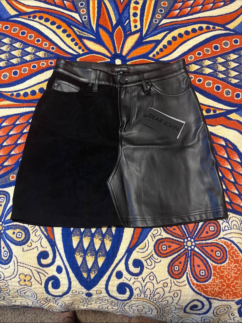 Dear John Black Leather & Suede Two-Tone Mini Skirt